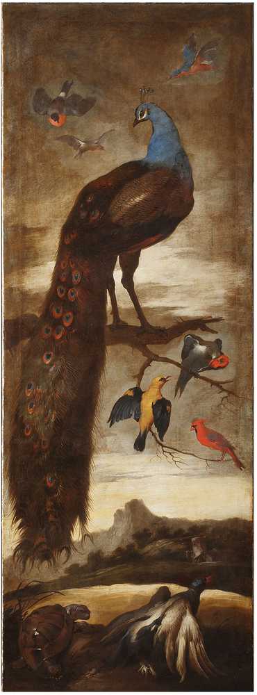 Albero con grande pavone e altri uccelli