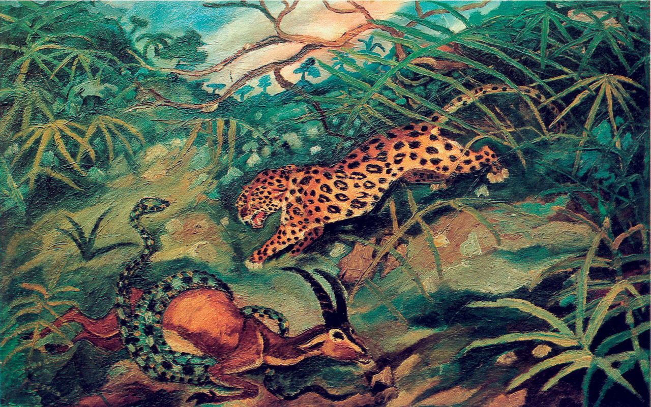 10. Giaguaro con gazzella e serpente 1948 olio su tavola di compensato 45 x 71 cm collezione privata Reggio Emilia