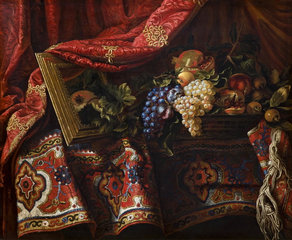 Francesco Noletti, detto Maltese Composizione con cesta di frutta e specchio su tappeto 