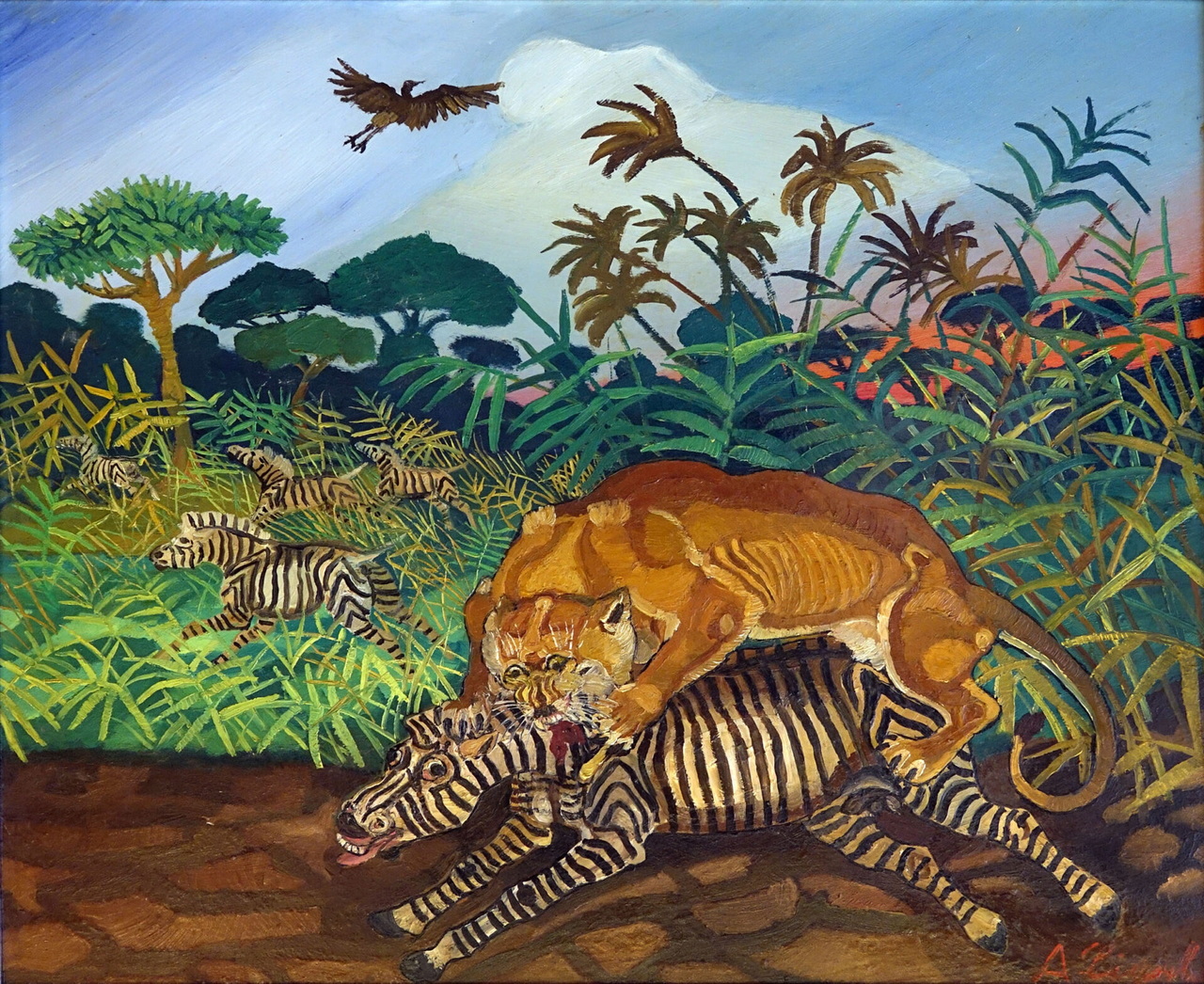 Antonio Ligabue Leonessa con zebra 1959 1960 olio su tavola di faesite