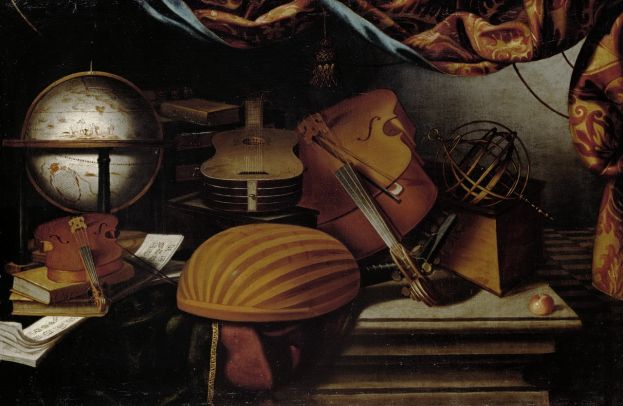 Evaristo Baschenis Natura morta con strumenti musicali, mappamondo e sfera armillare XVII secolo Olio su tela 78 cm × 118 cm, Courtesy KHM-Museumsverband