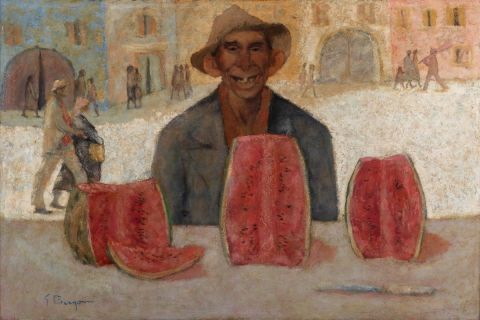 Giacomo Bergomi, Venditore di angurie, 1965 circa, olio su tela, 100x150cm