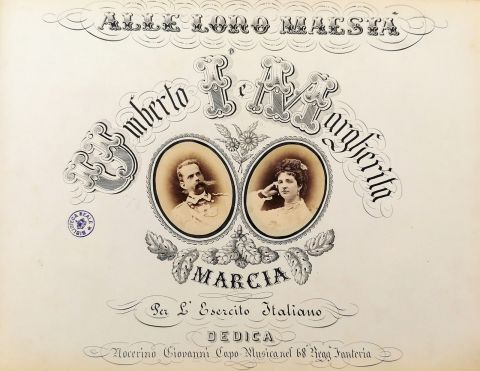 Giovanni Nocerino (attivo nella seconda metà dell’Ottocento), Alle loro Maestà Umberto I e Margherita. Marcia per l’esercito italiano. Ridotta per pianoforte a quattro mani, fine XIX sec. riduzione manoscritta Musei Reali di Torino, Biblioteca Reale, ms. pf. 35